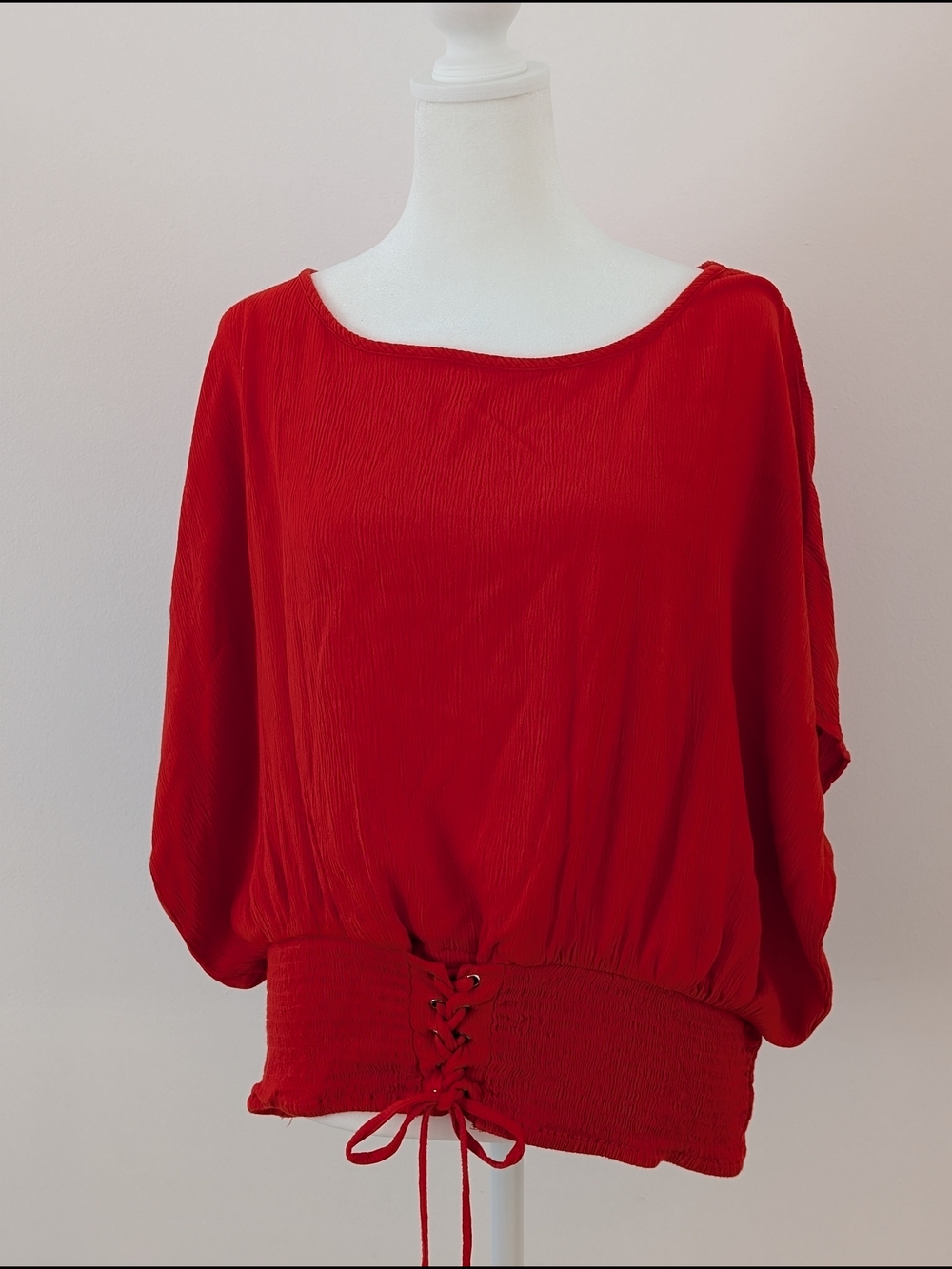 New York & Company Blouse Women L Orange Smocked Waist Lace-Up Casual